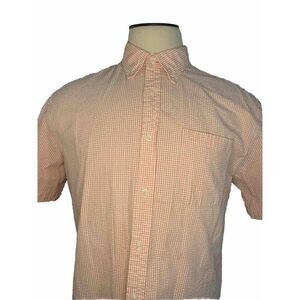 LL BEAN Mens Orange Seersucker Gingham Paid Shirt Large Button Up Short Sleeve